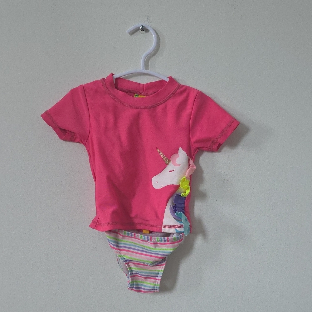 Pink Unicorn Swim Top & Striped Bottom Set, 6/9M